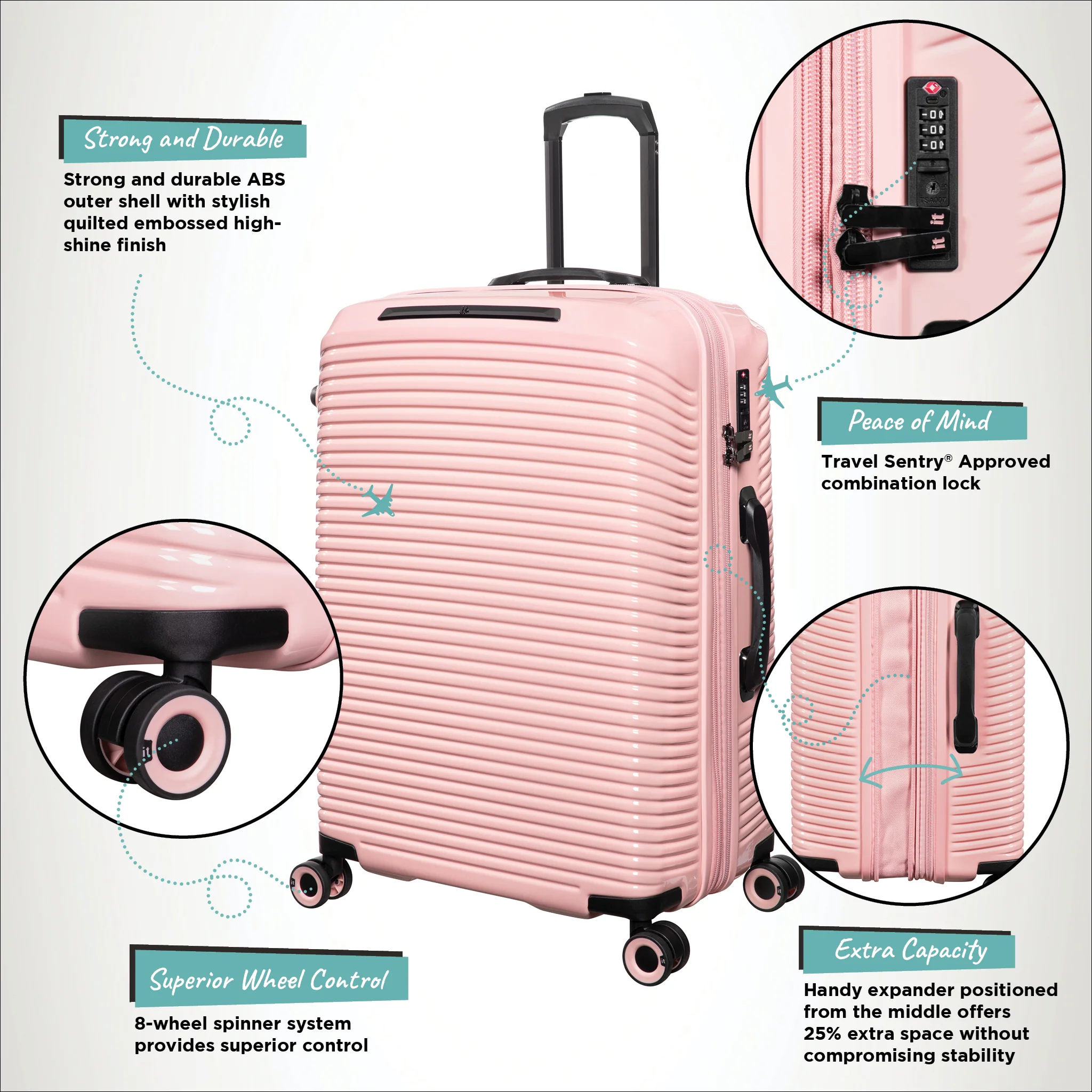 Traversed 28" Hardside Checked 8 Wheel Expandable Spinner (Metallic Rose Gold) - Image 7